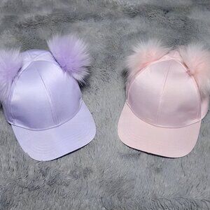 2 Faux Fur Double Pom Pom Satin Baseball Caps